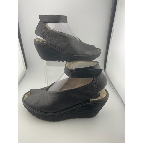 Fly London Yala Metallic Leather Wedge Peep Toe Slingback Sandal 37 6.5-7 - Picture 2 of 16